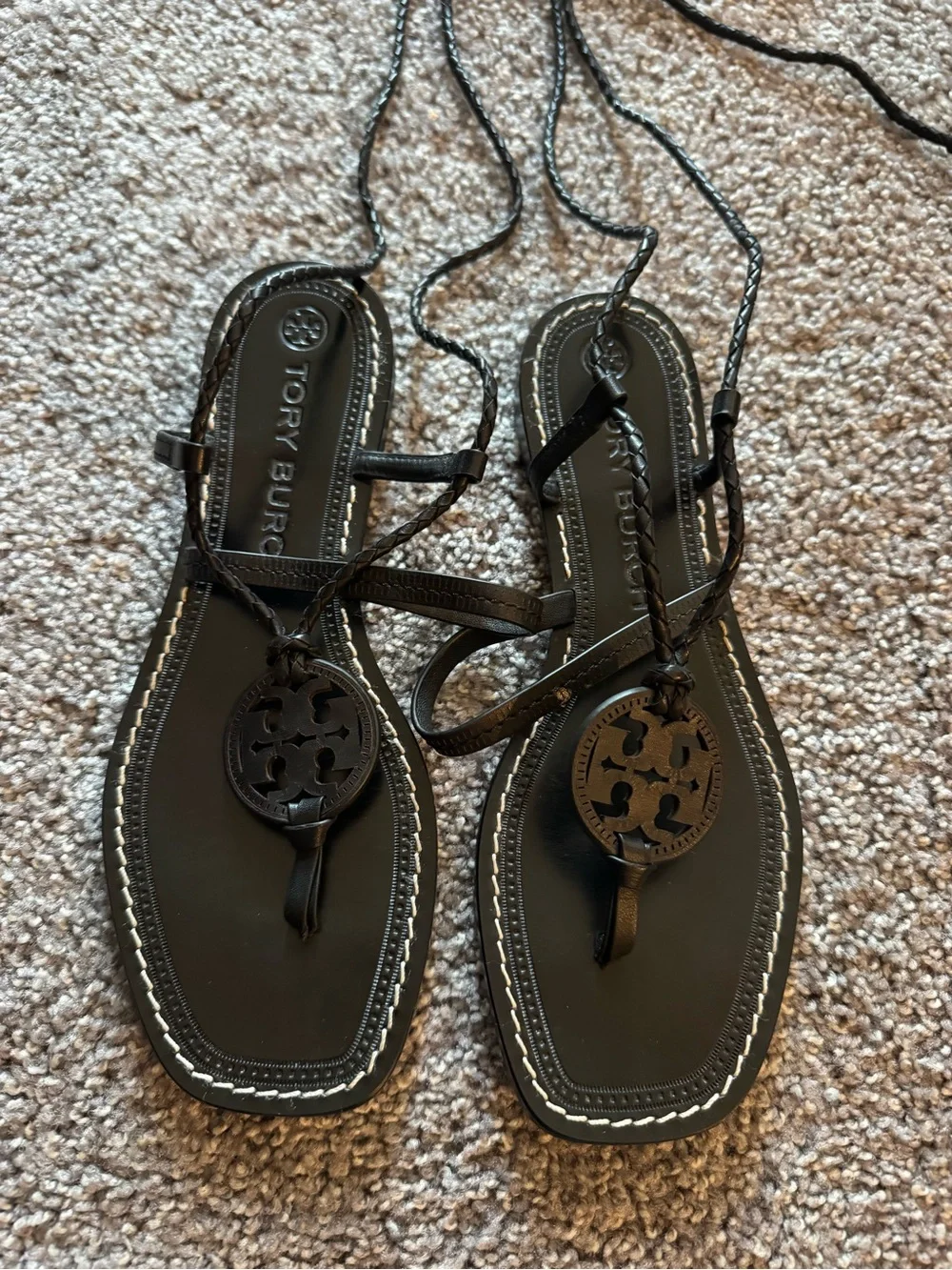 Tory Burch Miller Braided Lace-Up Sandals – Black Leather – Size 8.5M